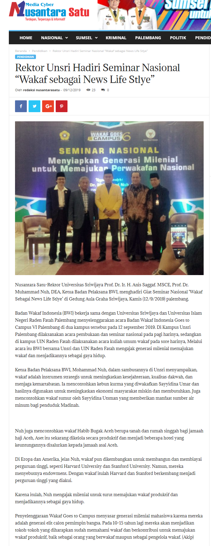 Rektor Unsri Hadiri Seminar Nasional "Wakaf Sebagai News Life Style"