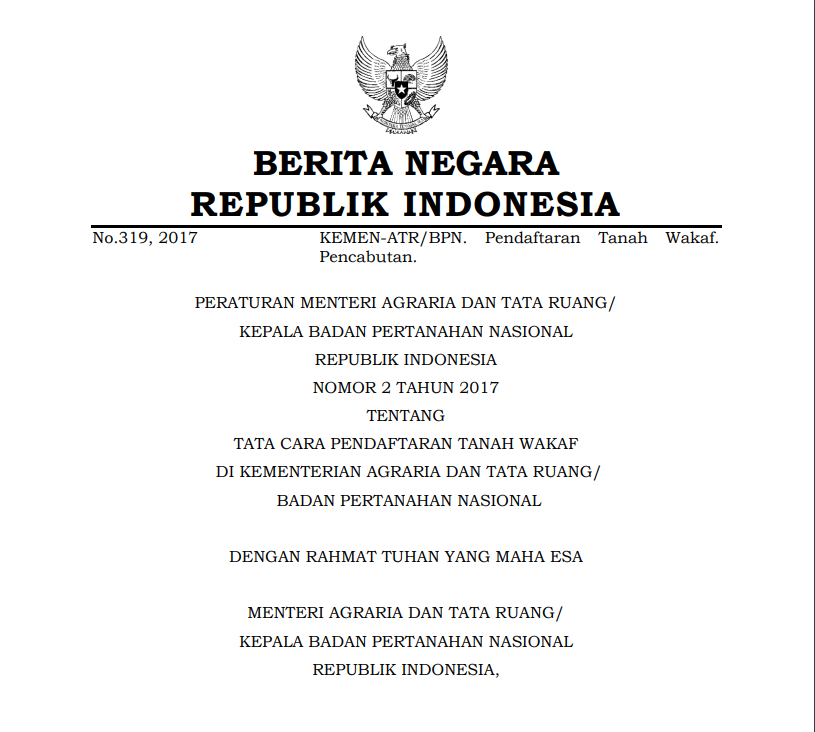 Peraturan Menteri Agraria Nomor 2 Tahun 2017 Tentang Tata Cara Pendaftaran Tanah Wakaf